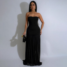 Wrap Chest Solid Color Mesh Maxi Dress YF-20148