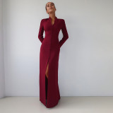 Long Sleeve Solid Color Split Maxi Dress GZJQ-K25D80722