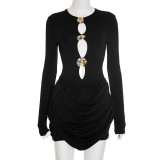 Solid Hollow Out Pleated Mini Dress GSZM-C25DS263