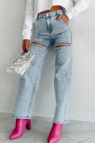 Chain Holes Washed Straight Jeans GSMF-ZC2025-2