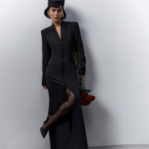 Long Sleeve Solid Color Split Maxi Dress GZJQ-K25D80722
