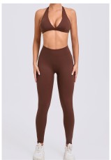 Solid Color Sport Halterneck Bra Pants Suit GQSA-10317/43202