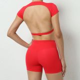 Soilid Color Backless Sport Two Piece Shorts Set GQSA-71200/13776