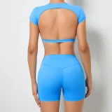 Soilid Color Backless Sport Two Piece Shorts Set GQSA-71200/13776