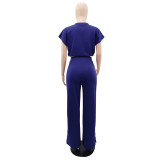 Solid Color Short Sleeve Zipper Two Piece Pant Set GYLY-10163