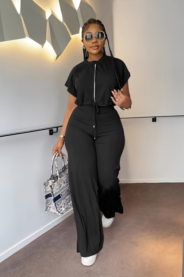 Solid Color Short Sleeve Zipper Two Piece Pant Set GYLY-10163