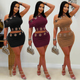 Slash Shoulder Sleeveless Top Two Piece Skirt Set BY-7530