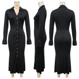 Solid Color V Neck Long Sleeve Long Dress YF-10913