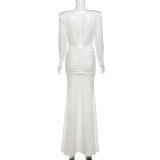 Long Sleeve Pleated Solid Maxi Dress GYME-K25D80023