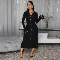 Solid Color V Neck Long Sleeve Long Dress YF-10913