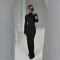 Long Sleeve Pleated Slim Maxi Dress GYME-K25D81046