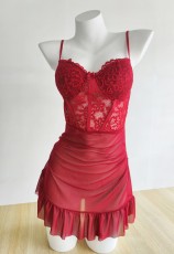 Lace-trimmed Lingerie Mesh Nightgown Set GJZY-3475