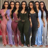 Solid Color Short Sleeve Tassel Jumpsuit GTYZ-7339