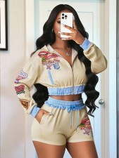 Contrast Color Print Hooded Shorts Casual Suit GBGF-25091201