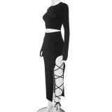 Solid Color Long Sleeve Bandage Skirt Two Piece Set GSZM-D23ST272