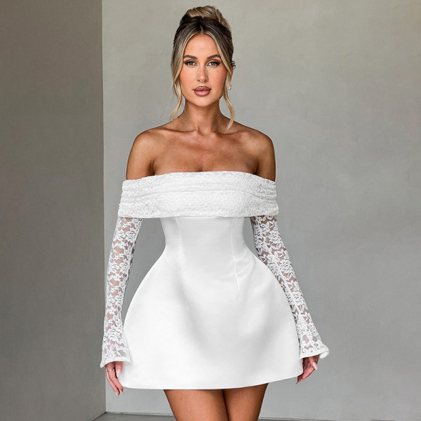 One Shoulder Lace Long Sleeve Mini Dress GSZM-H24DS289