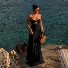 Solid Color Wrap Chest Hollow Out Maxi Dress SUM-YJ24627PFO