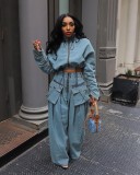 Casual Loose Zipper Denim Two Piece Pants Set GZCF-30059