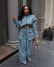 Casual Loose Zipper Denim Two Piece Pants Set GZCF-30059