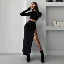Solid Color Long Sleeve Bandage Skirt Two Piece Set GSZM-D23ST272