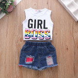 Kids Girl Letter Print Sleeveless Denim Shorts Suit YKTZ-21123