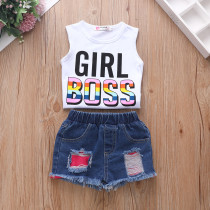 Kids Girl Letter Print Sleeveless Denim Shorts Suit YKTZ-21123