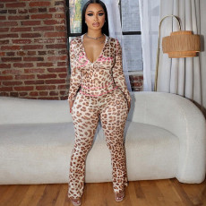 Leopard Print Long Sleeve Hooded 2 Piece Pants Set XEF-K24S50103