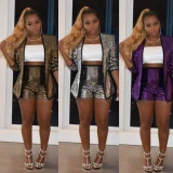 Plus Size Sequin Long Sleeve Two Piece Shorts Set FYWF-DF0713