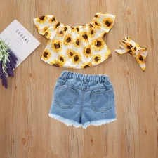 Kids Girl Print Tops And Holes Denim Shorts Suit YKTZ-2022