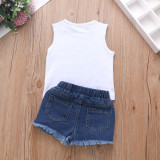 Kids Girl Letter Print Sleeveless Denim Shorts Suit YKTZ-21123