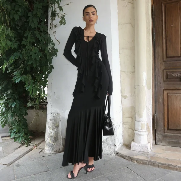 Long Sleeve Ruffles Maxi Dress XEF-K25D80869