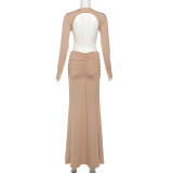 Solid Color V Neck Backless Split Maxi Dress XEF-K25D81127