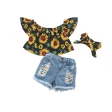 Kids Girl Print Tops And Holes Denim Shorts Suit YKTZ-2022