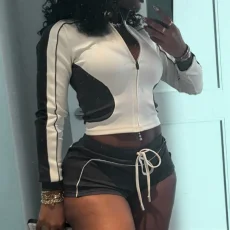 Contrast Color Long Sleeve Two Piece Shorts Set GDSF-K24ST371