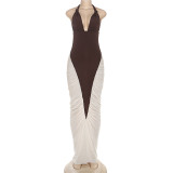 Contrast Color Patchwork Tie Backless Maxi Dress DLSF-K25D80703