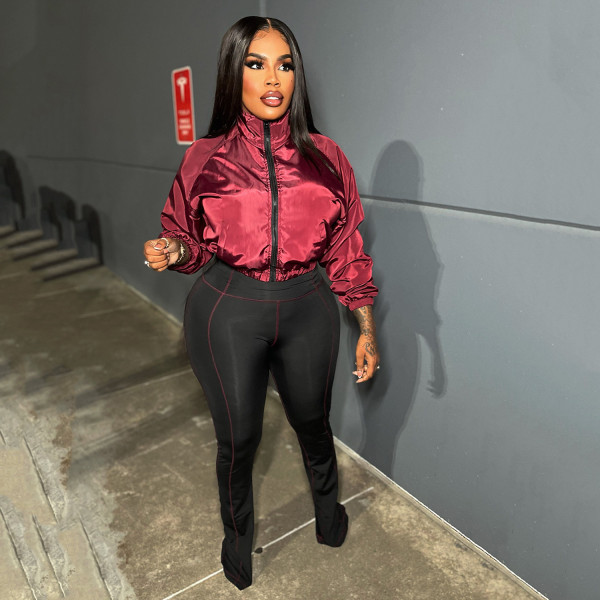 Long Sleeve Zipper Micro Flare Pants 2 Piece Set YNSF-8006