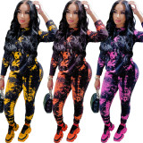 Tie Dye Print Hooded Two Piece Pant Set YH-5194