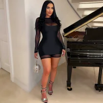 Sexy Zipper Mesh Romper+Sling Dress 2 Piece Set ASL-6810