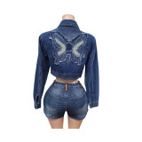 Embroidery Long Sleeve Denim Coat  MEM-88663