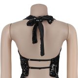 Backless Sequin Halterneck Two Piece Skirts Set BY-7521