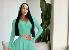 Solid Color Long Sleeve Hooded Knits Skirts Suit YH-9002