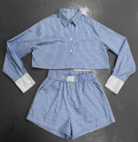 Stripe Long Sleeve Shirt Two Piece Shorts Set SSNF-211482