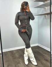 Long Sleeve Zipper Denim Two Piece Pants Set MEM-88664