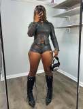 PU Leather Long Sleeve Two Piece Shorts Set MEM-88665