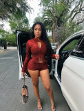 PU Leather Long Sleeve Two Piece Shorts Set MEM-88665