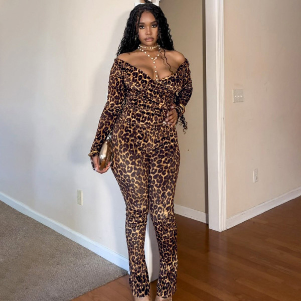 Leopard Print Deep V Neck Two Piece Pants Set MXBF-J25ST311