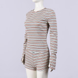 Stripe Print Long Sleeve Two Piece Shorts Set GFRT-42209SBG