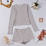 Stripe Print Long Sleeve Two Piece Shorts Set GFRT-42209SBG
