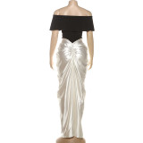 Pleated Contrast Color Short Sleeve Maxi Dress XEF-K25D82217