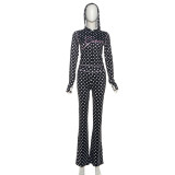 Polka Dots Print Long Sleeve Zipper Pants Suit XEF-K25S82496